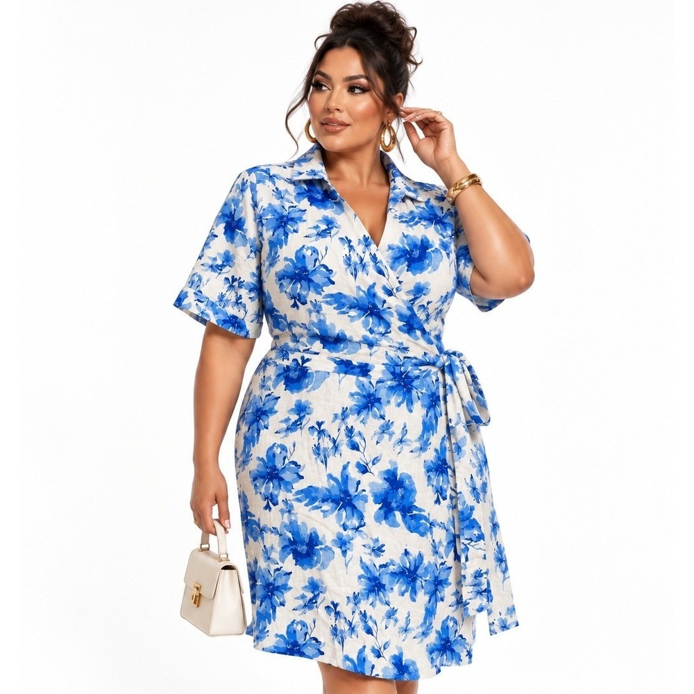 41 Hawthorn Miranda Linen Blend Shirt Mini Dress Blue Floral Wrap 2X NWT